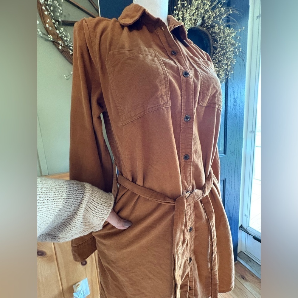 Lucky Brand Corduroy Brown Button-Up Belted Dress w/Pockets size XS - Picture 11 of 15